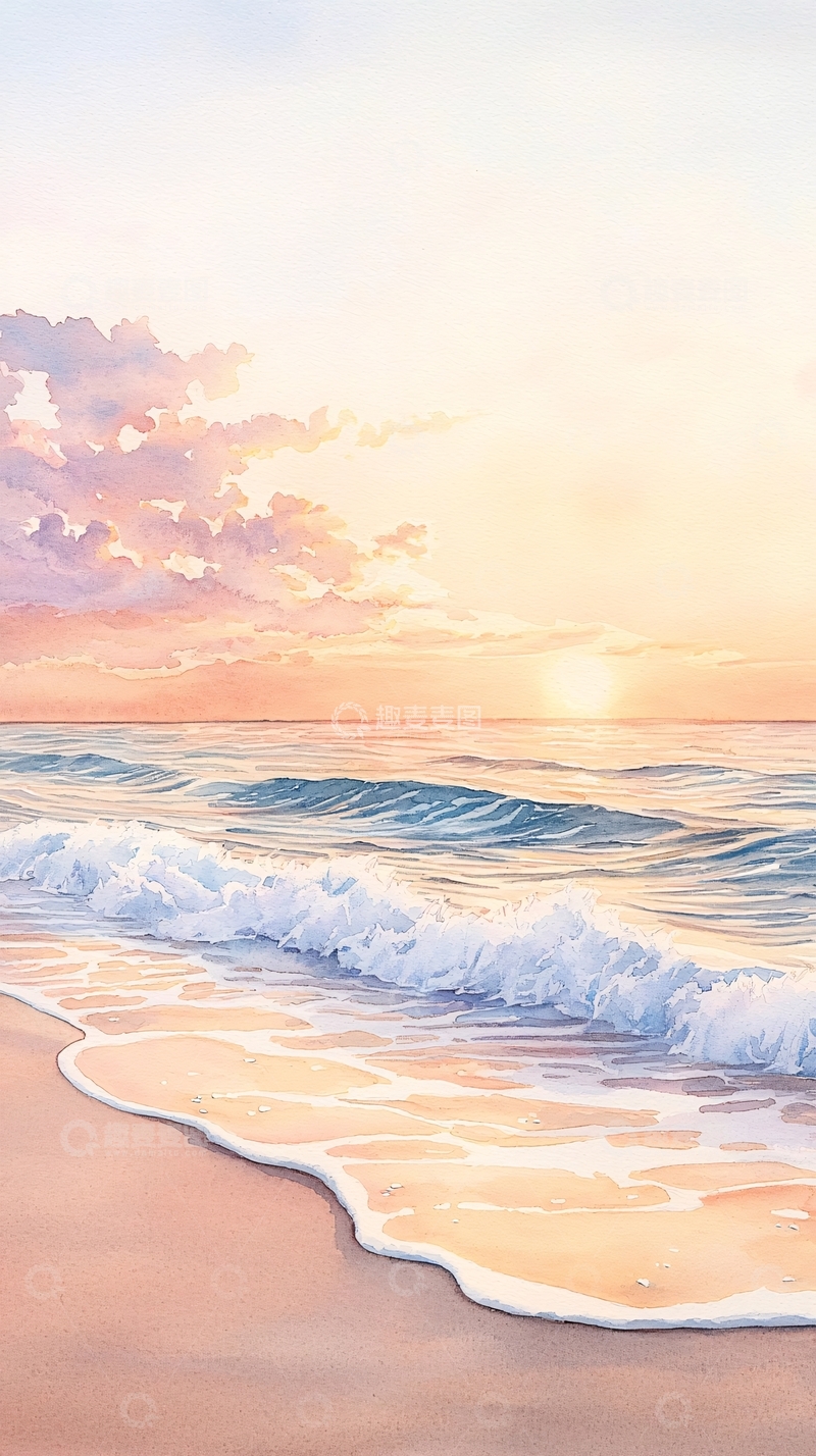 高清大图下载【趣麦麦图】日落海滩水彩画