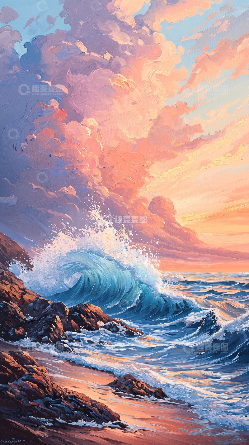 高清大图下载【趣麦麦图】日落海浪岩石风景