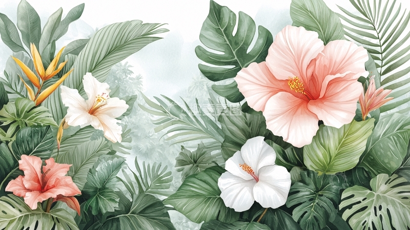 高清大图下载【趣麦麦图】热带花卉绿叶水彩背景