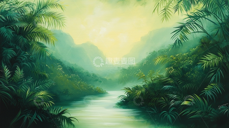 高清大图下载【趣麦麦图】绿色热带雨林中的河流