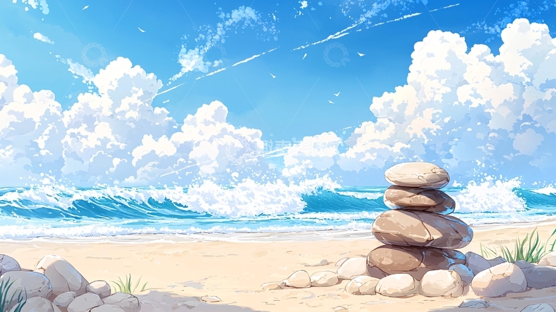 高清大图下载【趣麦麦图】海滩上的平衡石堆