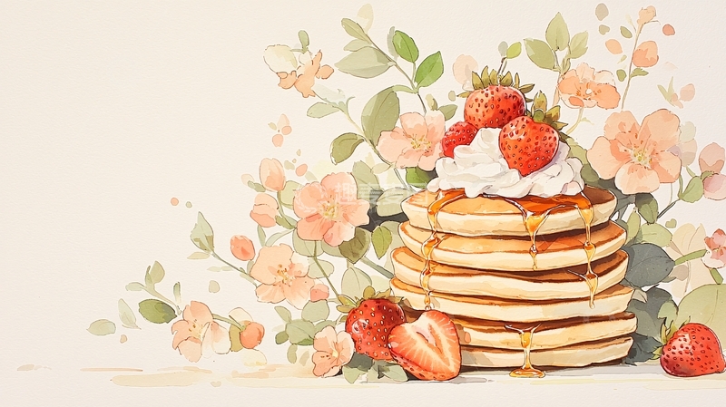 高清大图下载【趣麦麦图】草莓煎饼与花束插画