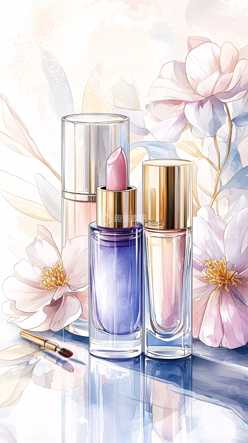高清大图下载【趣麦麦图】化妆品与花卉插画背景