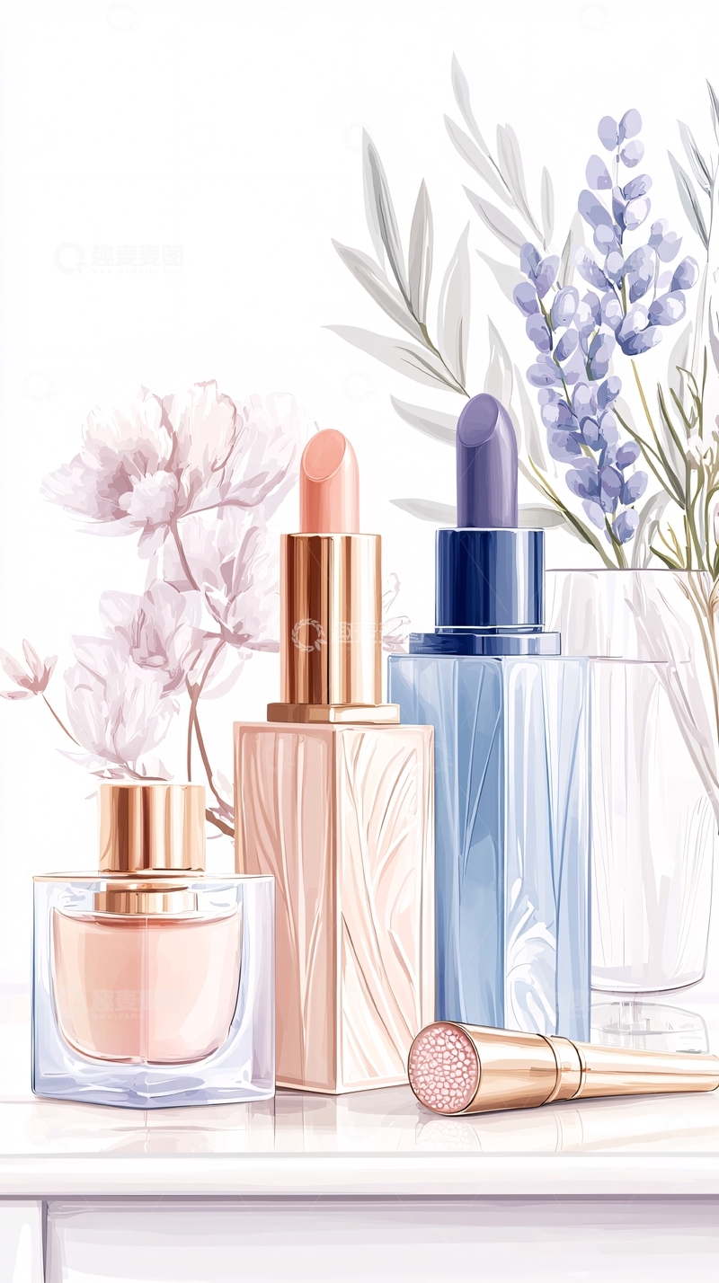 高清大图下载【趣麦麦图】化妆品与花卉插画背景