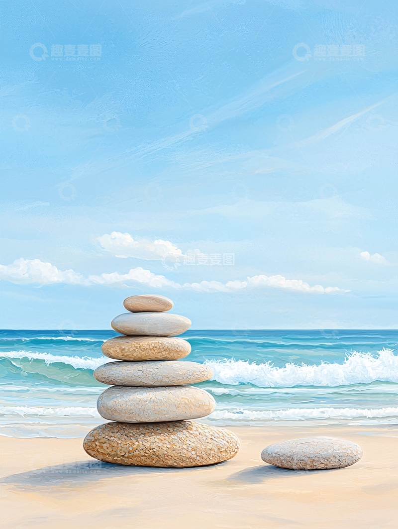 高清大图下载【趣麦麦图】平衡石堆海边风景