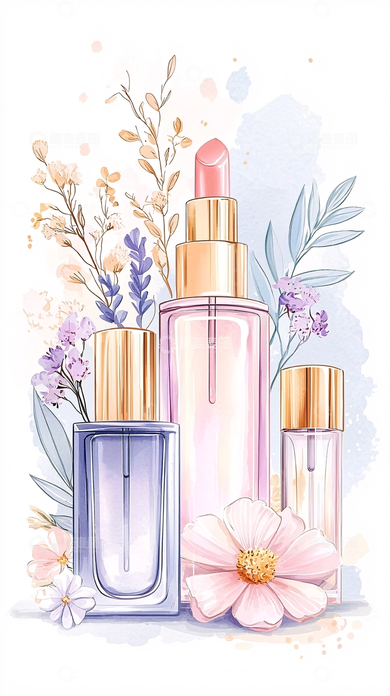 高清大图下载【趣麦麦图】化妆品与花卉插画背景