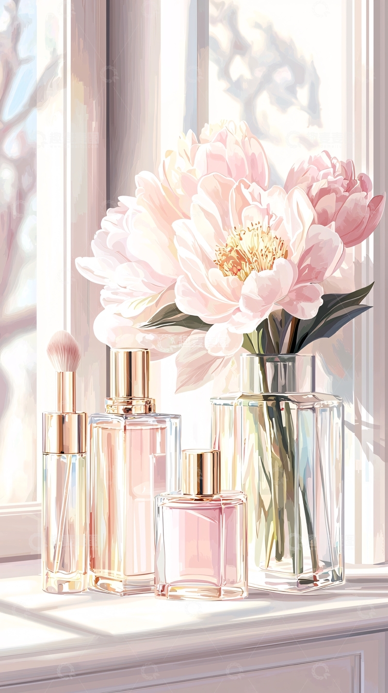 高清大图下载【趣麦麦图】阳光下的花瓶与香水瓶