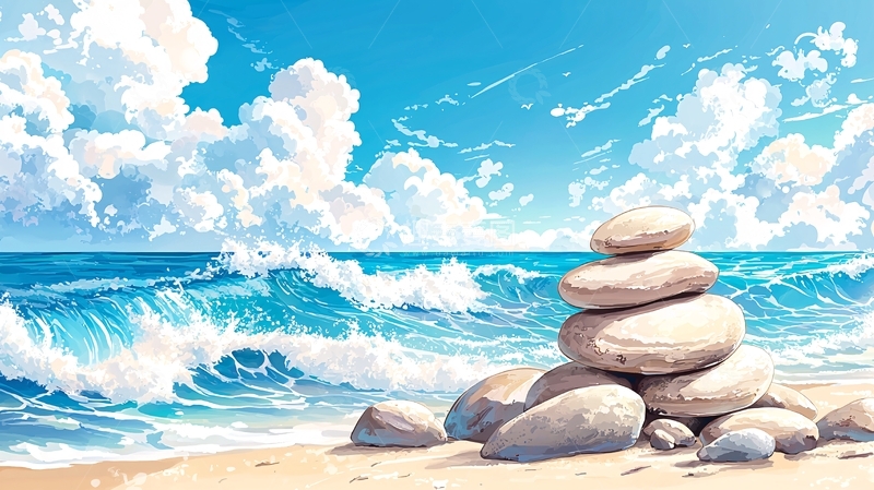 高清大图下载【趣麦麦图】海滩上的平衡石与海浪