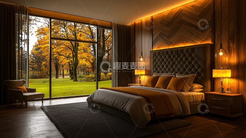 高清大图下载【趣麦麦图】豪华卧室落地窗外秋景