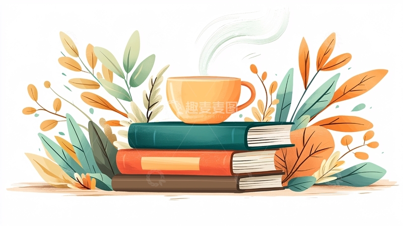 高清大图下载【趣麦麦图】秋日书香与咖啡插画