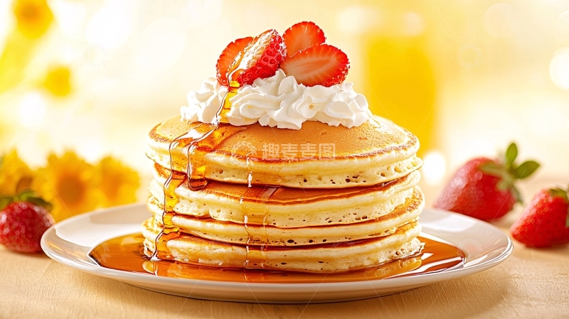 高清大图下载【趣麦麦图】香甜草莓煎饼搭配蜂蜜和奶油