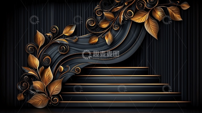高清大图下载【趣麦麦图】金色叶片装饰的黑色台阶