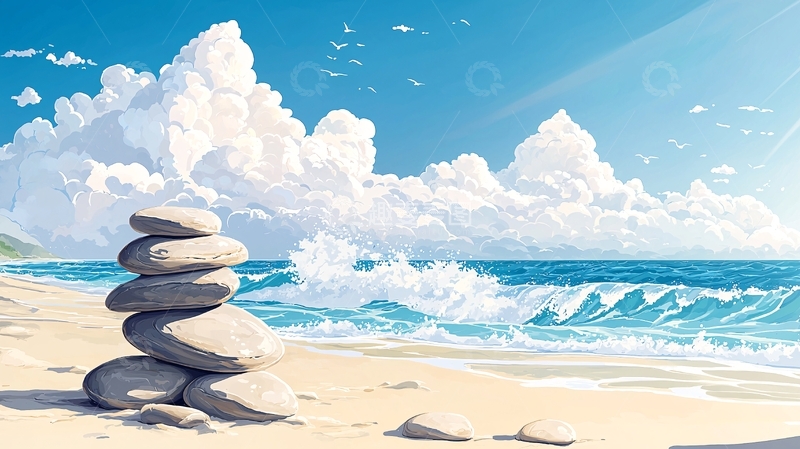 高清大图下载【趣麦麦图】海滩上的平衡石堆
