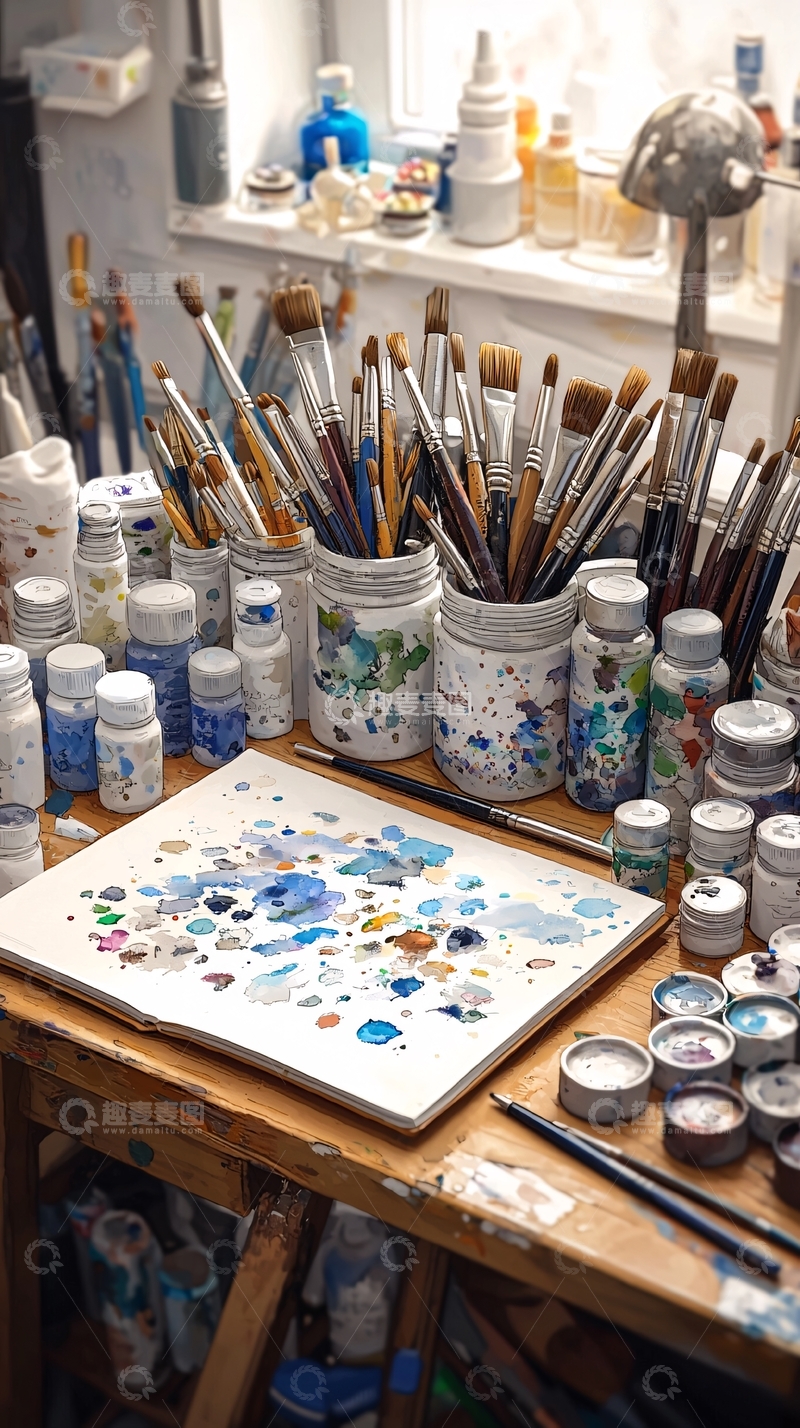 高清大图下载【趣麦麦图】水彩画工作台与颜料刷具