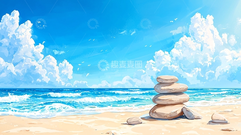 高清大图下载【趣麦麦图】海滩上的平衡石与蓝天白云