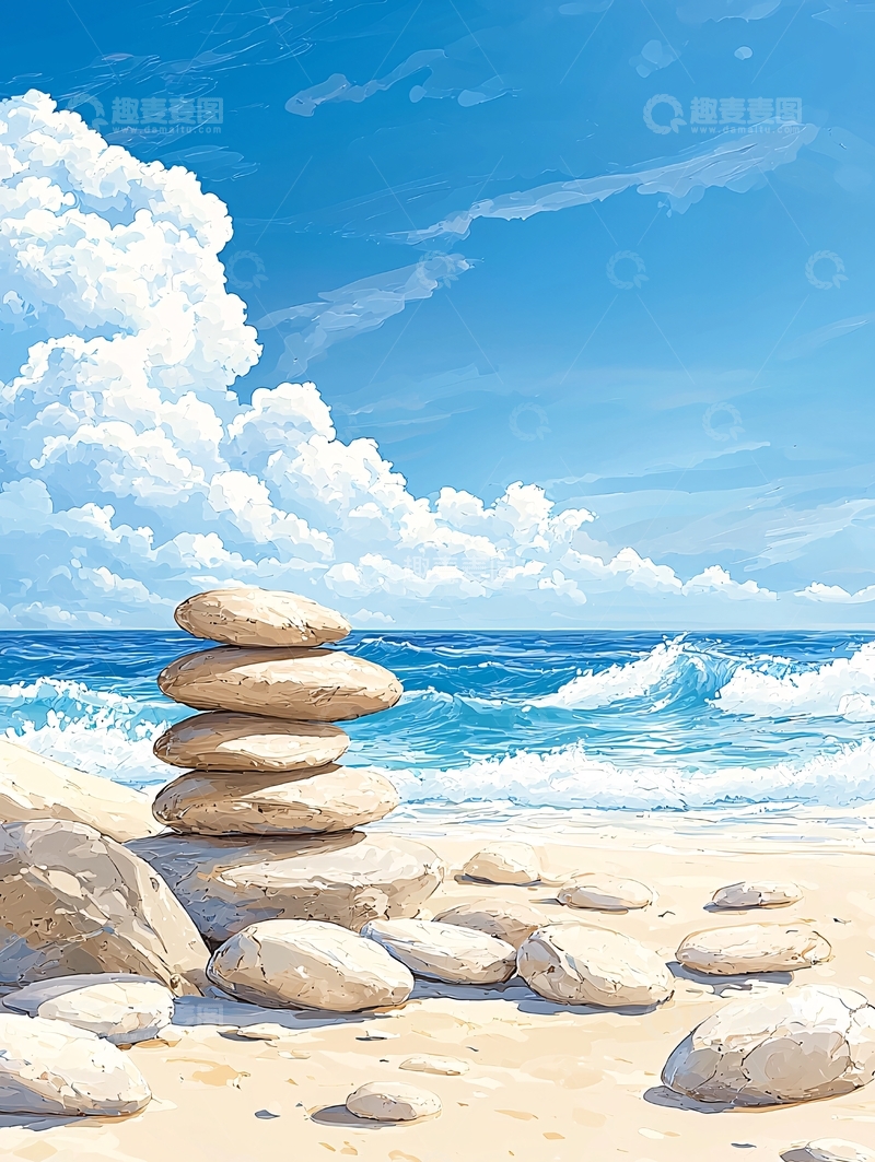 高清大图下载【趣麦麦图】海滩上的平衡石与海浪
