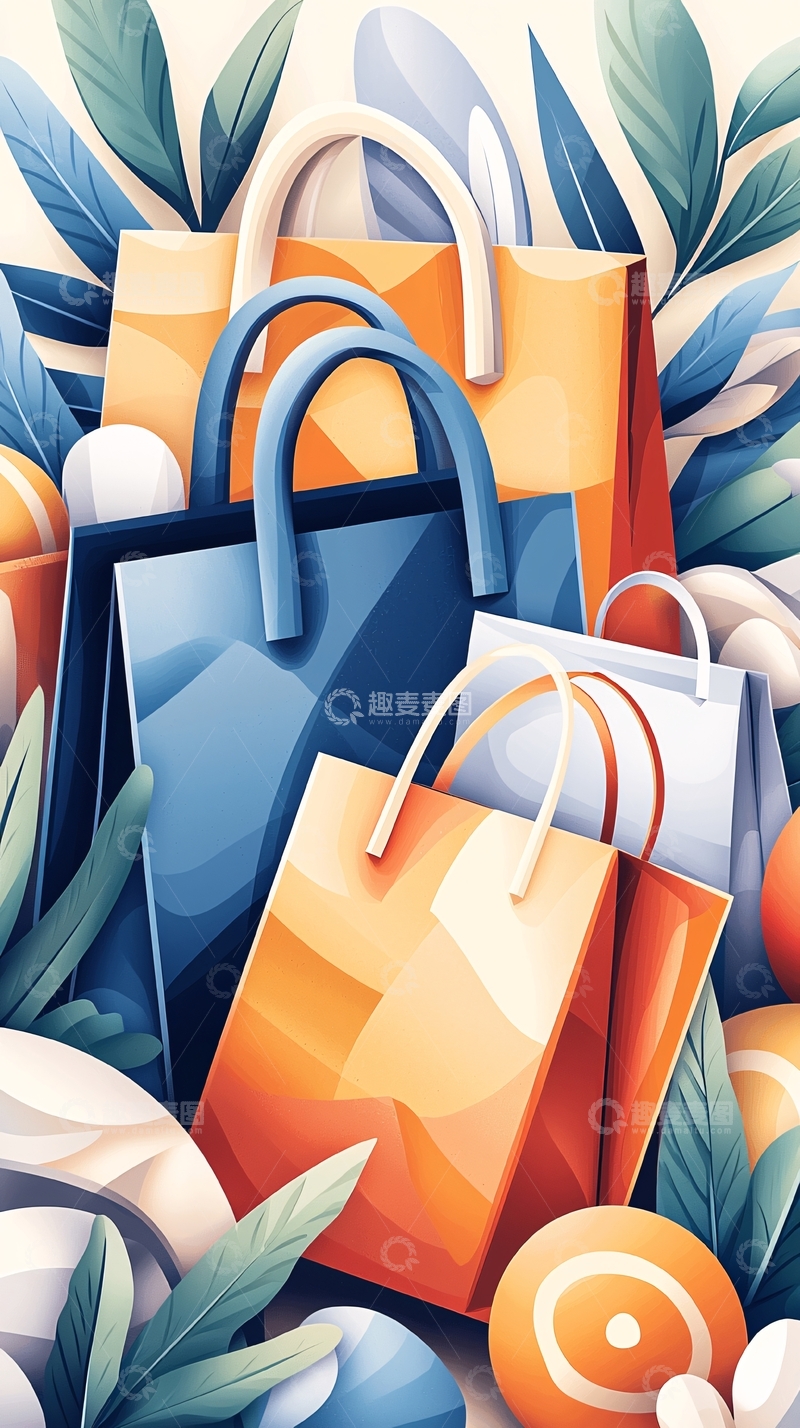 高清大图下载【趣麦麦图】购物袋与植物背景插画