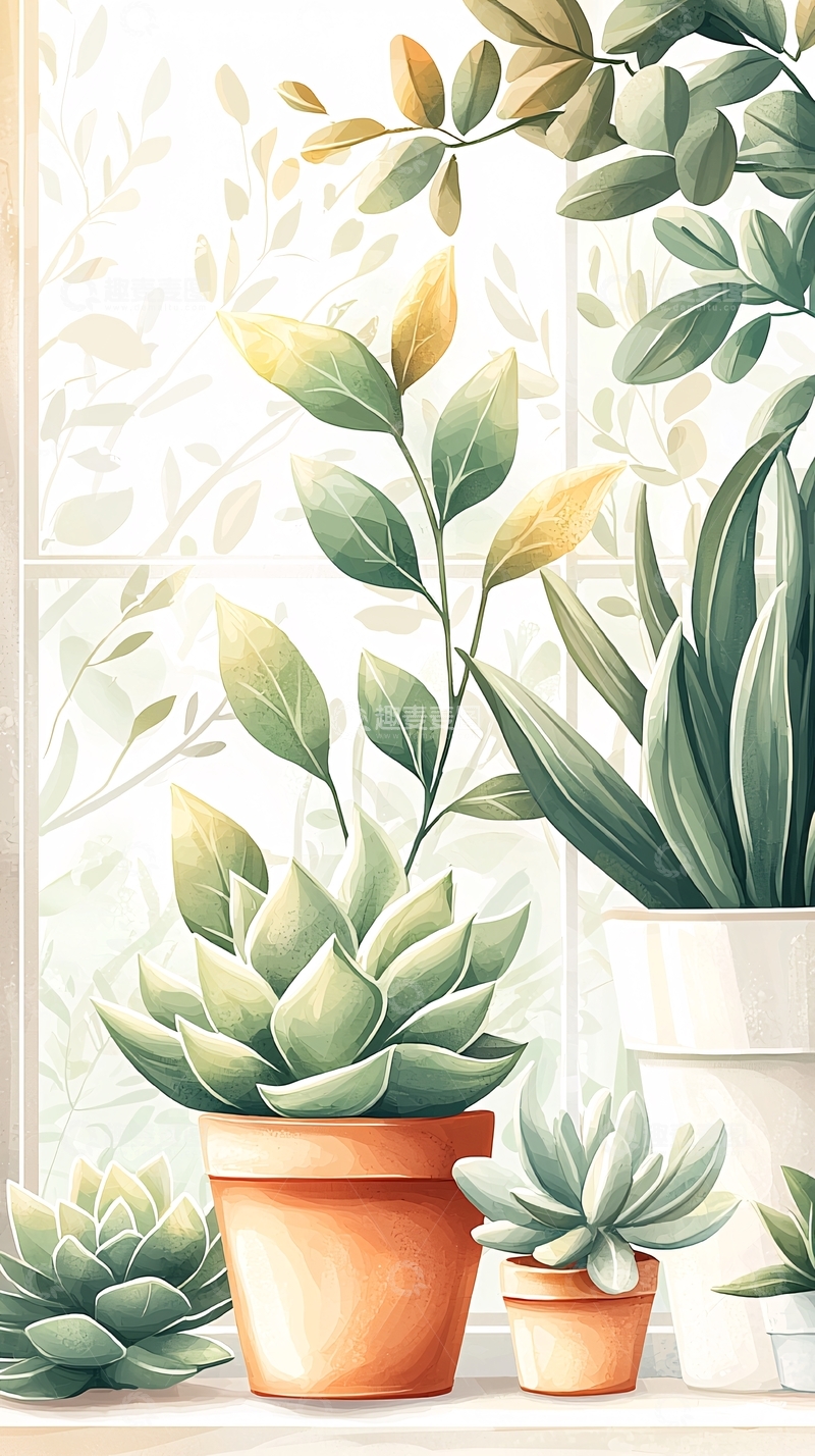 高清大图下载【趣麦麦图】窗边绿植盆栽装饰图