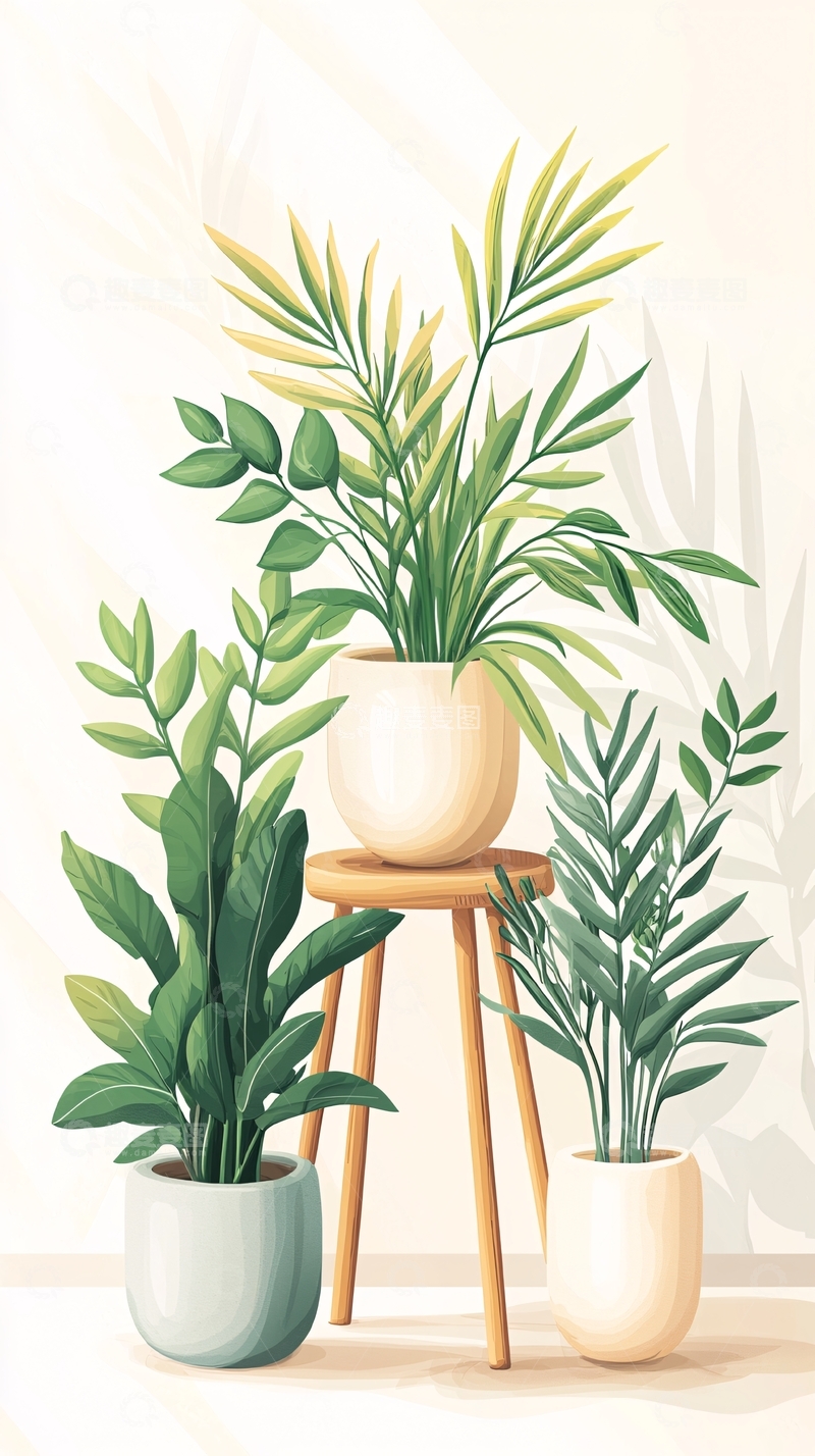 高清大图下载【趣麦麦图】室内植物盆栽组合插画