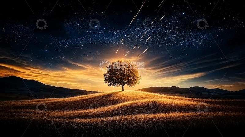 高清大图下载【趣麦麦图】夜空流星下的孤独树