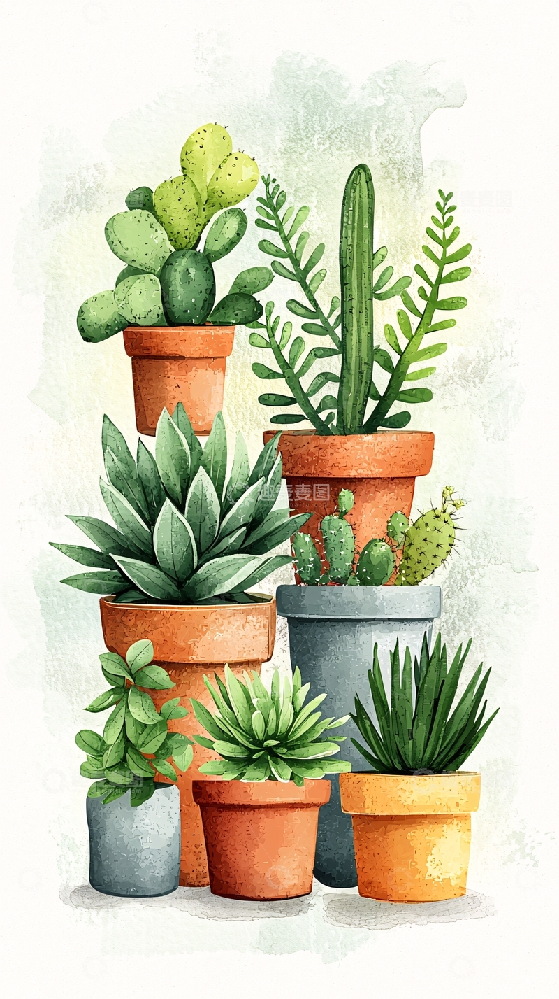 高清大图下载【趣麦麦图】多肉植物盆栽组合插画
