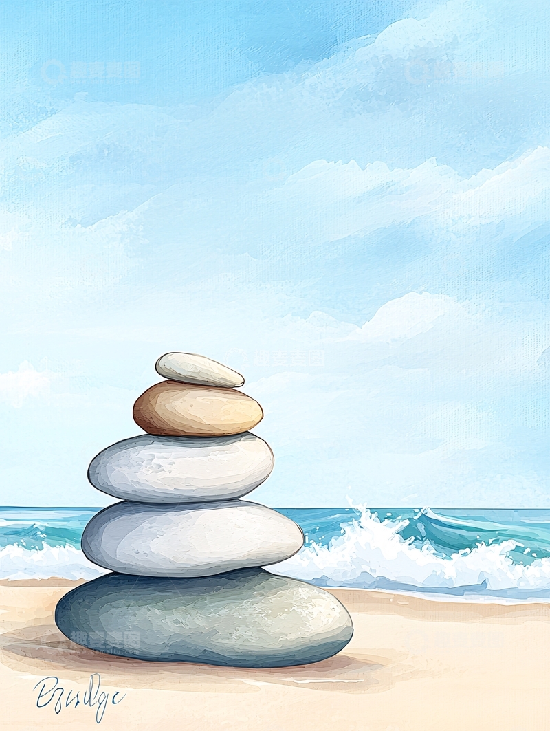 高清大图下载【趣麦麦图】平衡石堆海滩风景