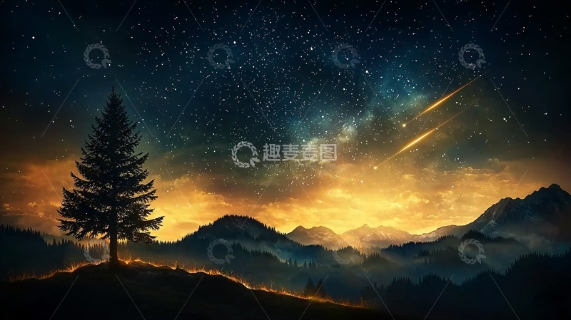 高清大图下载【趣麦麦图】夜空流星下的孤独松树