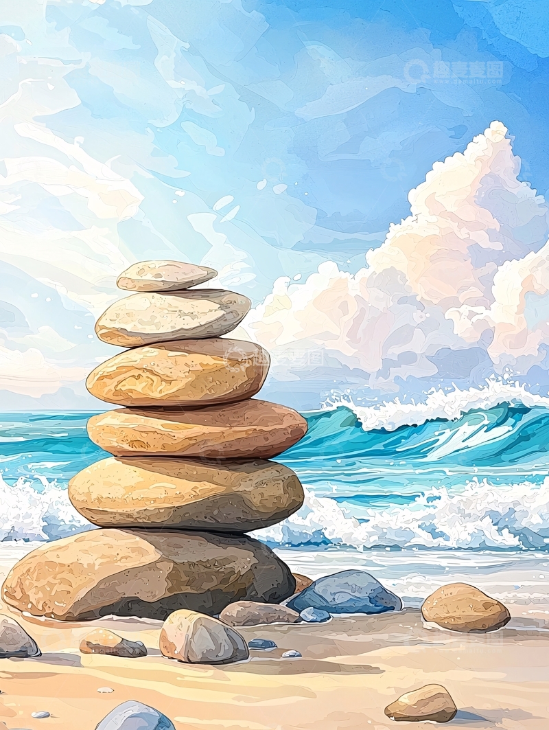 高清大图下载【趣麦麦图】平衡石与海浪的宁静海滩