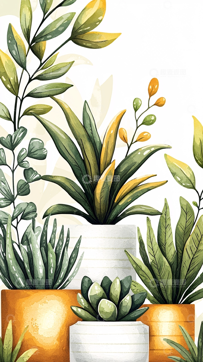 高清大图下载【趣麦麦图】室内植物盆栽组合插画