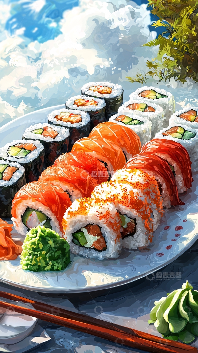 高清大图下载【趣麦麦图】寿司拼盘艺术插画