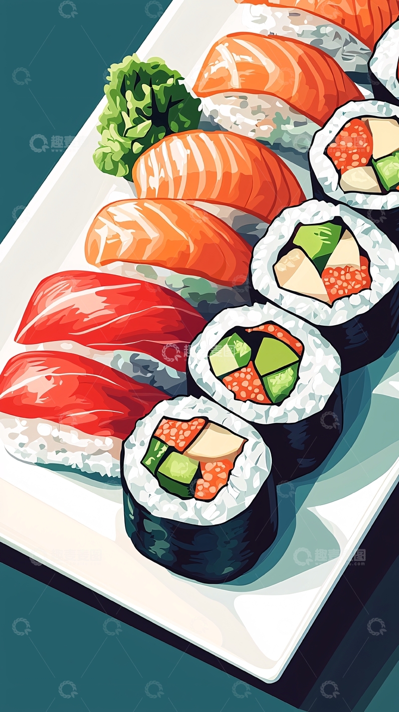 高清大图下载【趣麦麦图】寿司拼盘插画素材