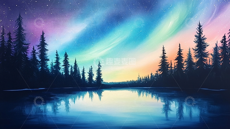 高清大图下载【趣麦麦图】极光下的静谧湖景