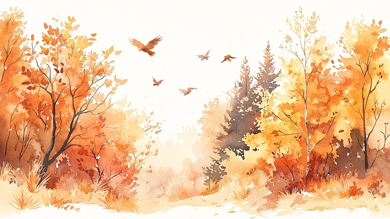 高清大图下载【趣麦麦图】秋日森林与飞鸟水彩画