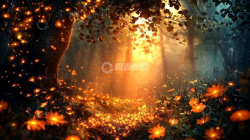 高清大图下载【趣麦麦图】奇幻森林萤火虫光芒