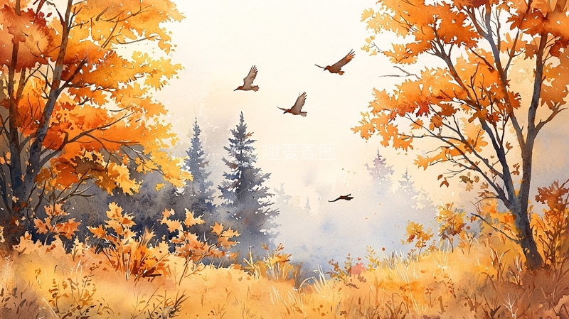 高清大图下载【趣麦麦图】秋日森林中的飞鸟