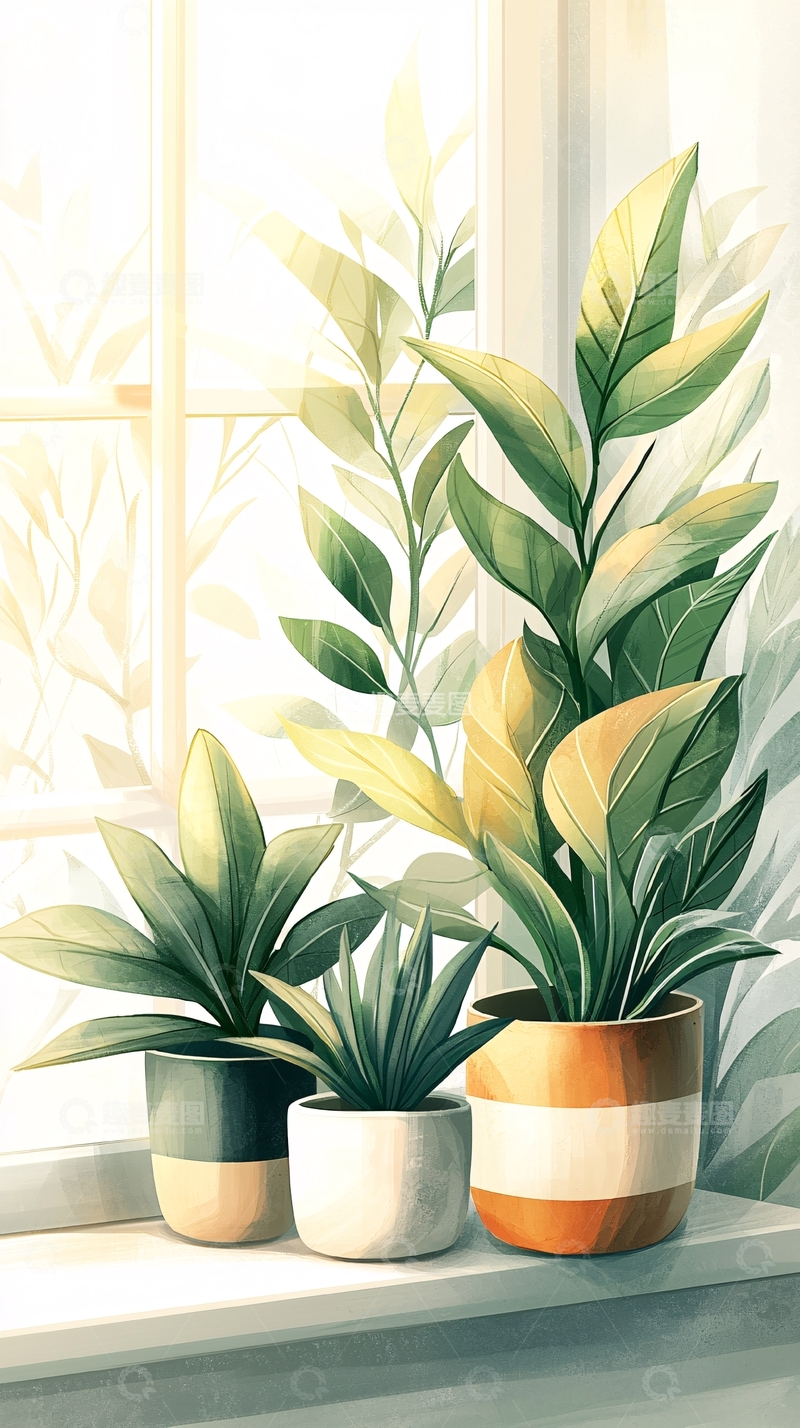 高清大图下载【趣麦麦图】窗台上的盆栽植物
