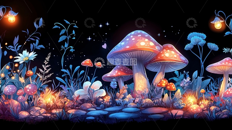 高清大图下载【趣麦麦图】夜光蘑菇花园梦幻场景