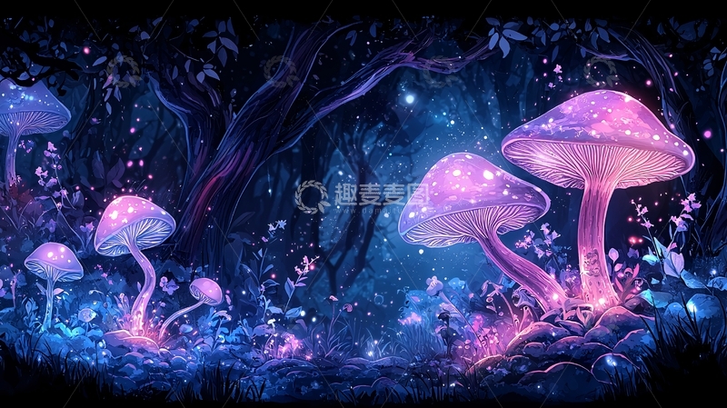 高清大图下载【趣麦麦图】发光蘑菇森林夜景
