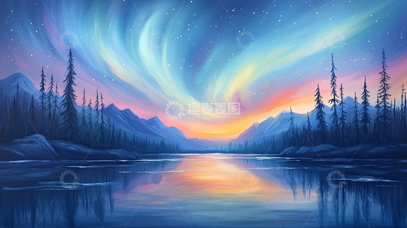 高清大图下载【趣麦麦图】极光下的静谧湖景