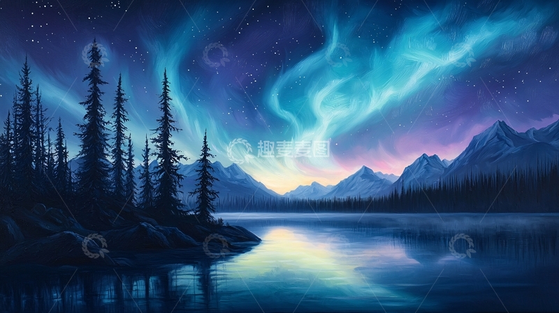 高清大图下载【趣麦麦图】极光下的静谧湖畔