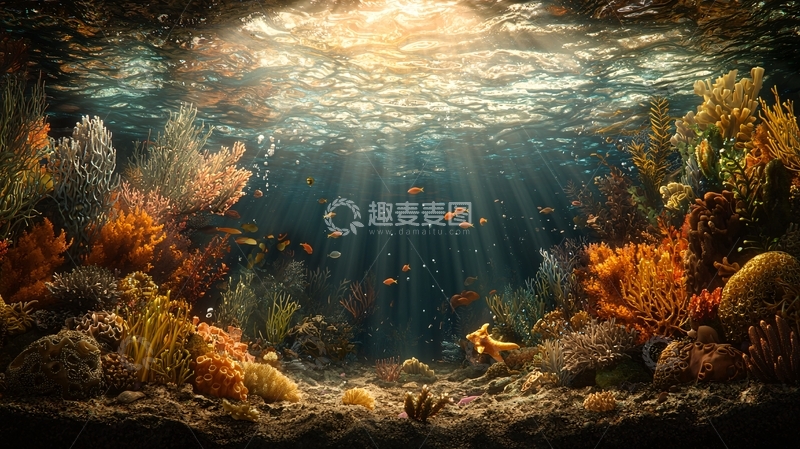 高清大图下载【趣麦麦图】水下阳光照耀的珊瑚礁