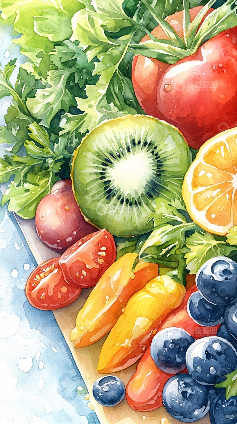 高清大图下载【趣麦麦图】新鲜水果蔬菜水彩画