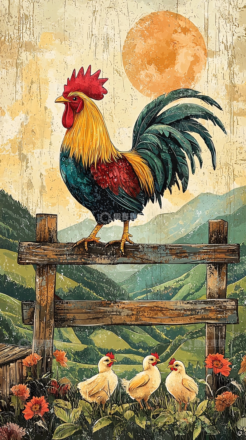 高清大图下载【趣麦麦图】公鸡与小鸡的乡村风景