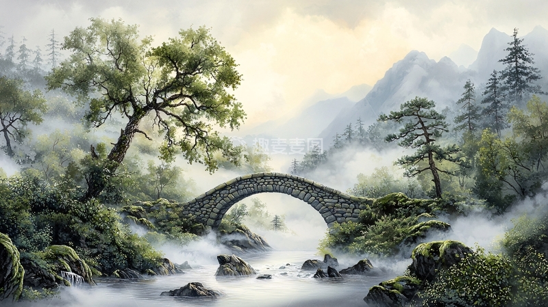 高清大图下载【趣麦麦图】石桥雾中山水画