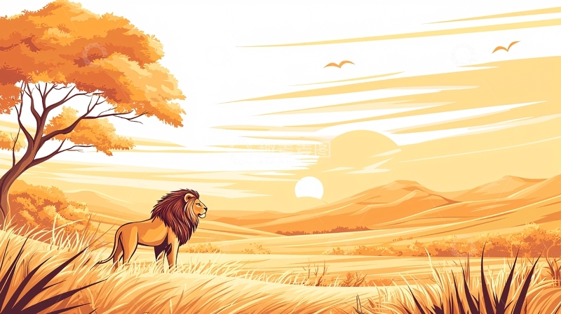 高清大图下载【趣麦麦图】雄狮伫立在金色的草原上