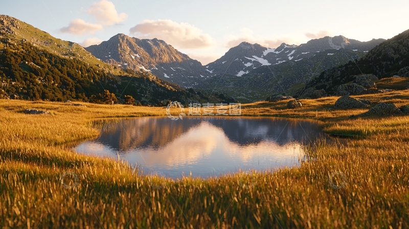 高清大图下载【趣麦麦图】山间湖畔夕阳美景