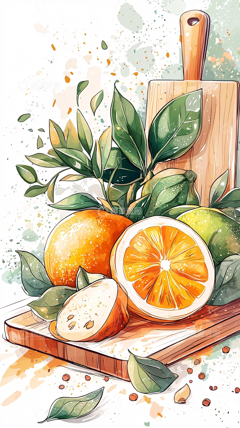高清大图下载【趣麦麦图】橙子切片与绿叶插画