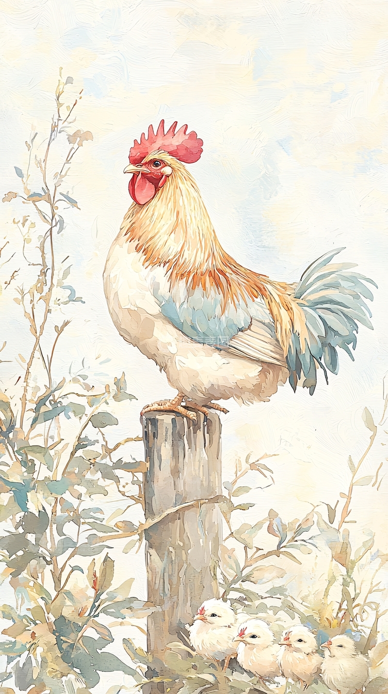 高清大图下载【趣麦麦图】公鸡与小鸡的温馨场景