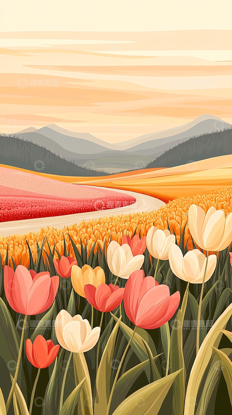 高清大图下载【趣麦麦图】山间花海夕阳美景