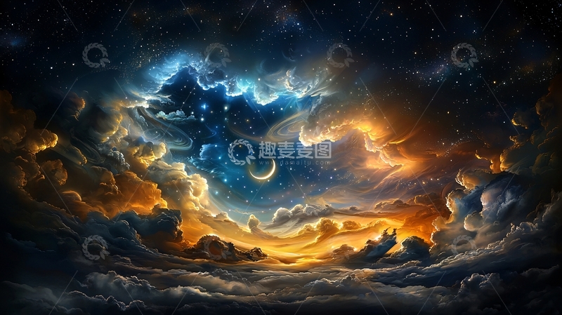 高清大图下载【趣麦麦图】梦幻星空与金色云彩夜景